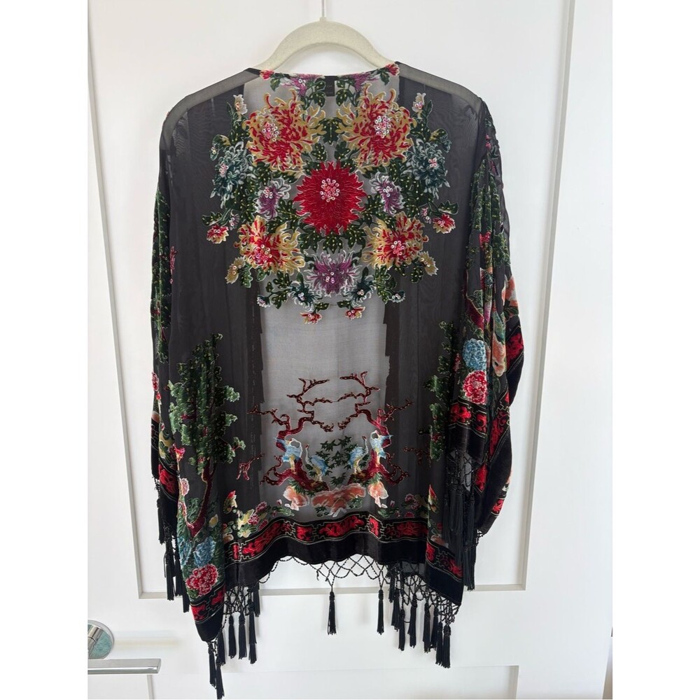 Aris A Silk Blend Beaded Peacock Crane Kimono Cardigan Velvet Tassel Fringe S/M